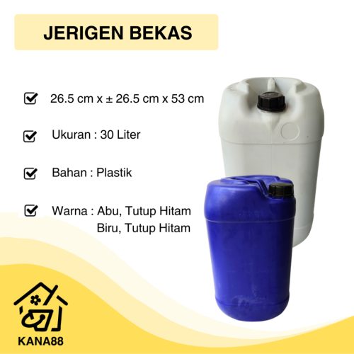Jerigen Kosong Abu dan Biru 30 Liter Bekas Dengan Tutup Plastik Hitam