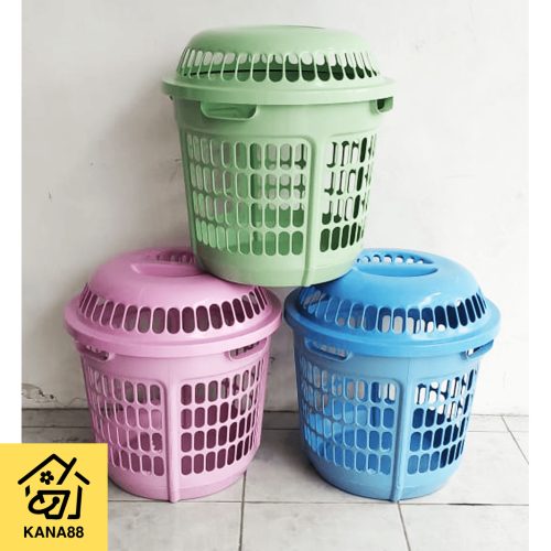 Keranjang Laundry Bulat Mini + Tutup Sofi Summo Warna Soft Pastel Premium Clothes Basket